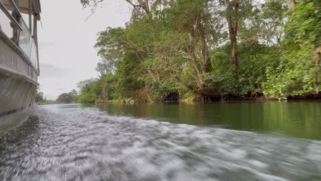 Niedriger-Winkel-über-Wasser-Von-Einem-Boot-Aus,-Das-Im-Osten-Madagaskars-Flussaufwärts-Fährt