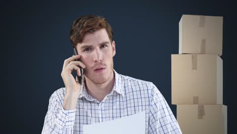 animación de un hombre hablando en un teléfono inteligente con una pila de cajas sobre un fondo azul