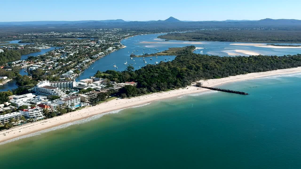 Wide aerial shot of Noosa main Beach, Noosa Heads, Queensland, Australia