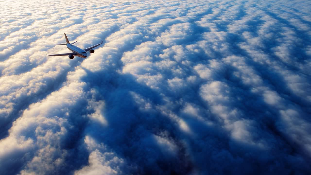 Astonishing Aerial View of an Aircraft Gliding Through a Sea of Wispy Clouds, Showcasing the Textured Patterns and Shadows Created by the Fluffy Cloudscape Below