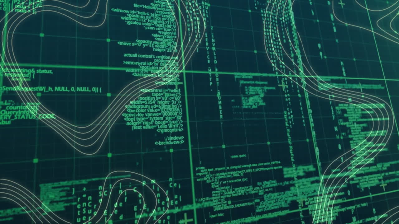 Digital code and data processing animation over abstract grid background