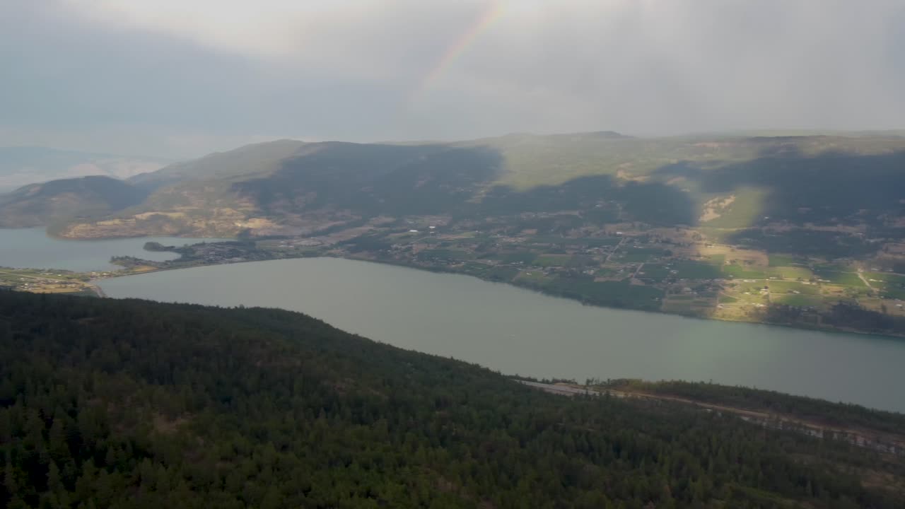 Wide Panoramic Viewpoint in Canadian Mountains overlooking Okanagan Lake, Wood and Kalamalka Lake in Lakecountry in British Columbia's Spion Kop Mt