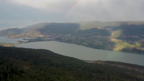 Wide-Panoramic-Viewpoint-in-Canadian-Mountains-overlooking-Okanagan-Lake,-Wood-and-Kalamalka-Lake-in-Lakecountry-in-British-Columbia's-Spion-Kop-Mt