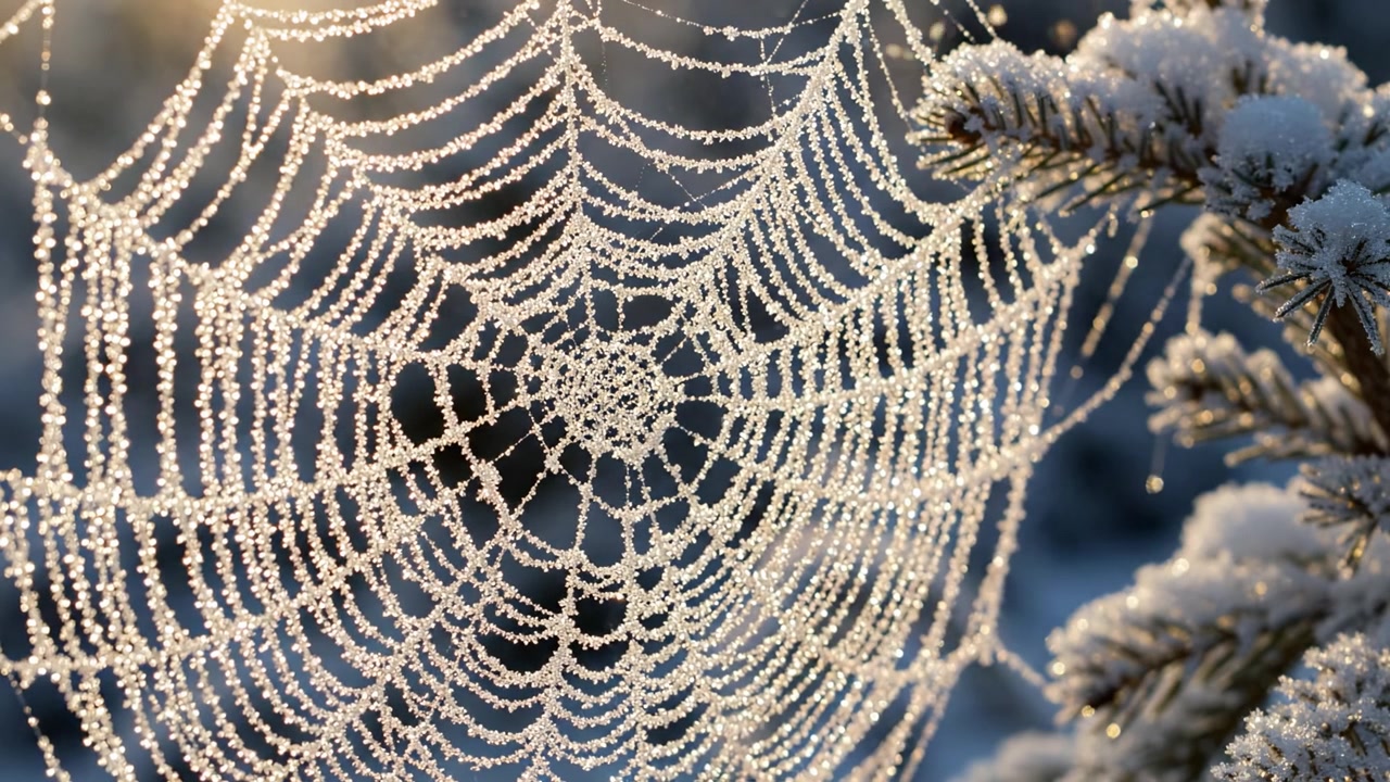 Bellezza Accattivante di una Ragnatela Ricoperta di Brina Che Luccica alla Luce del Sole Mattutino, Mettendo in Mostra Delicate Gocce di Rugiada e Scintillanti Cristalli di Ghiaccio nell'Arte della Natura
