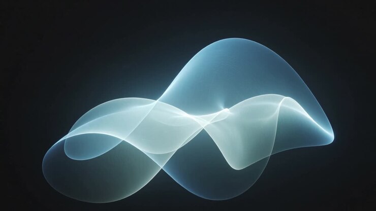 Onda luminescente oscillante a forma di nastro che si trasforma attraverso il vuoto oscuro all'avvio, creando profondità con un alone.