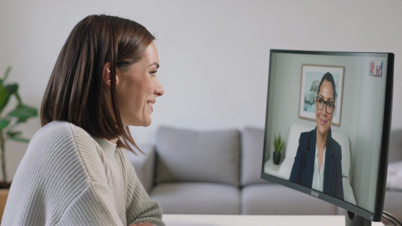 Respondiendo a una sonrisa en pantalla, una mujer con suéter de canalé hablando en la oficina en casa con un monitor curvo.