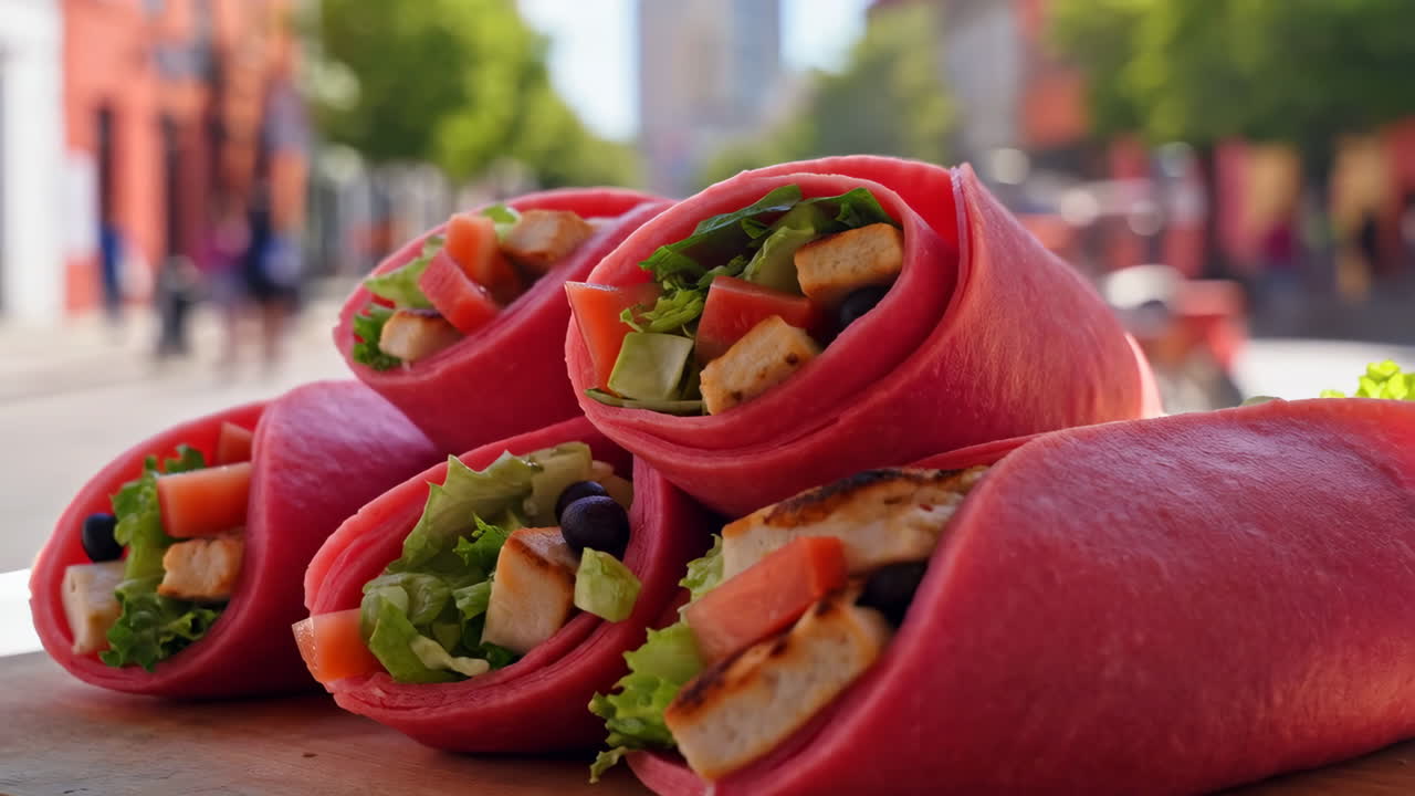 Vibrant Pink Wraps with Chicken and Fresh Vegetables on a Street Food Stall