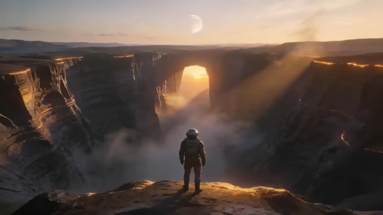 Standing explorer in spacesuit with life support pack surveying rim at arch rising sun clearing fog