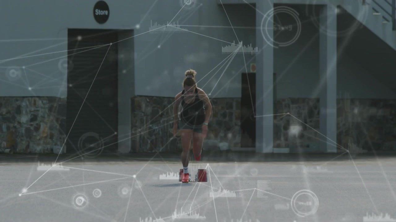 Determined Female Runner Starting Sprint with Digital Graphics