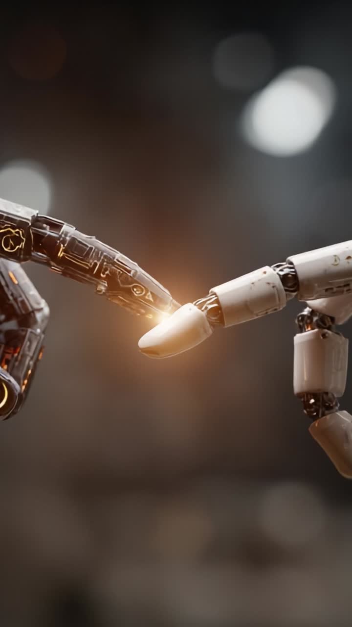 A Fascinating Moment of Connection Between Two Futuristic Robot Hands Reaching Out to Each Other, Symbolizing the Intersection of Technology and Humanity