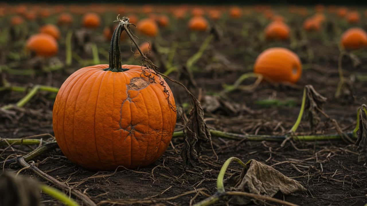 A Lush Pumpkin Field at Harvest Time: Rich, Vibrant Colors and Abundant Textures of Freshly Picked Pumpkins Ready for Autumn Festivities and Celebrations