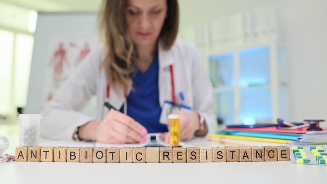 Cubos de madera dispuestos sobre la mesa forman la frase resistencia a los antibióticos