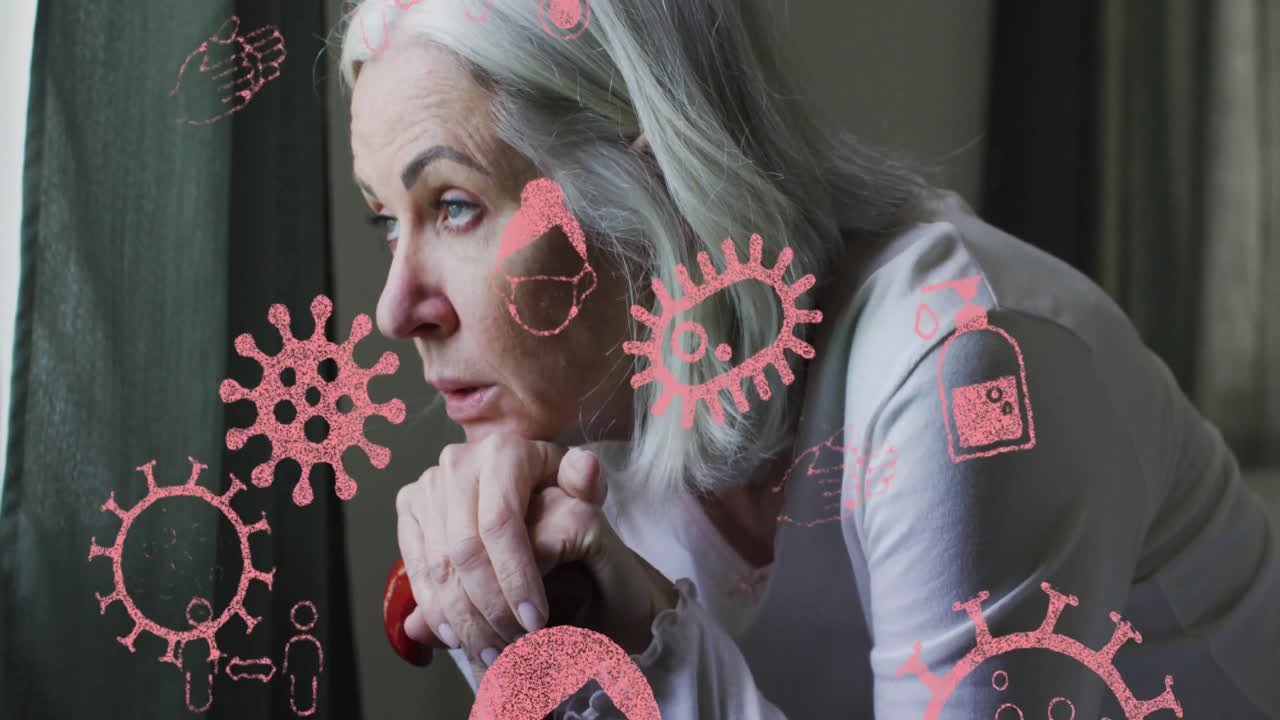 animación de iconos de virus sobre una mujer caucásica mayor en la cama