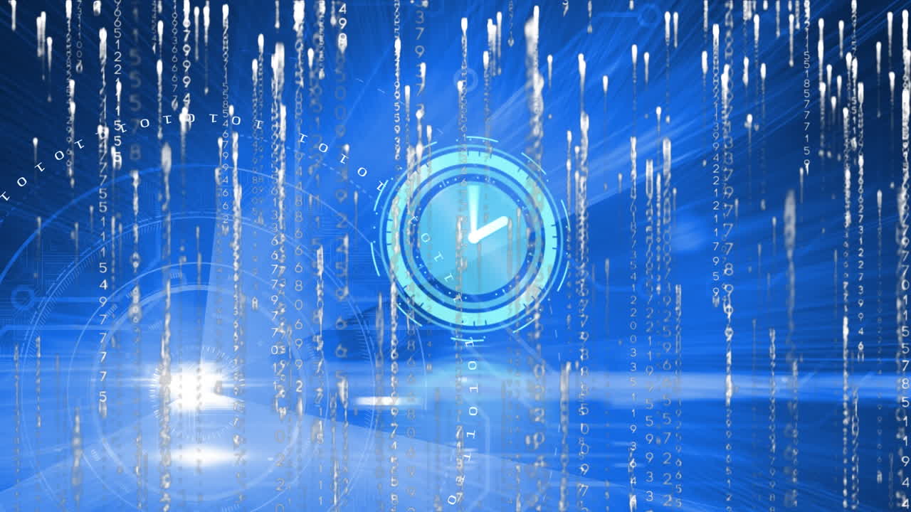 블랙 배경에 파란색 모양 위에 움직이는 시계와 데이터 처리의 애니메이션