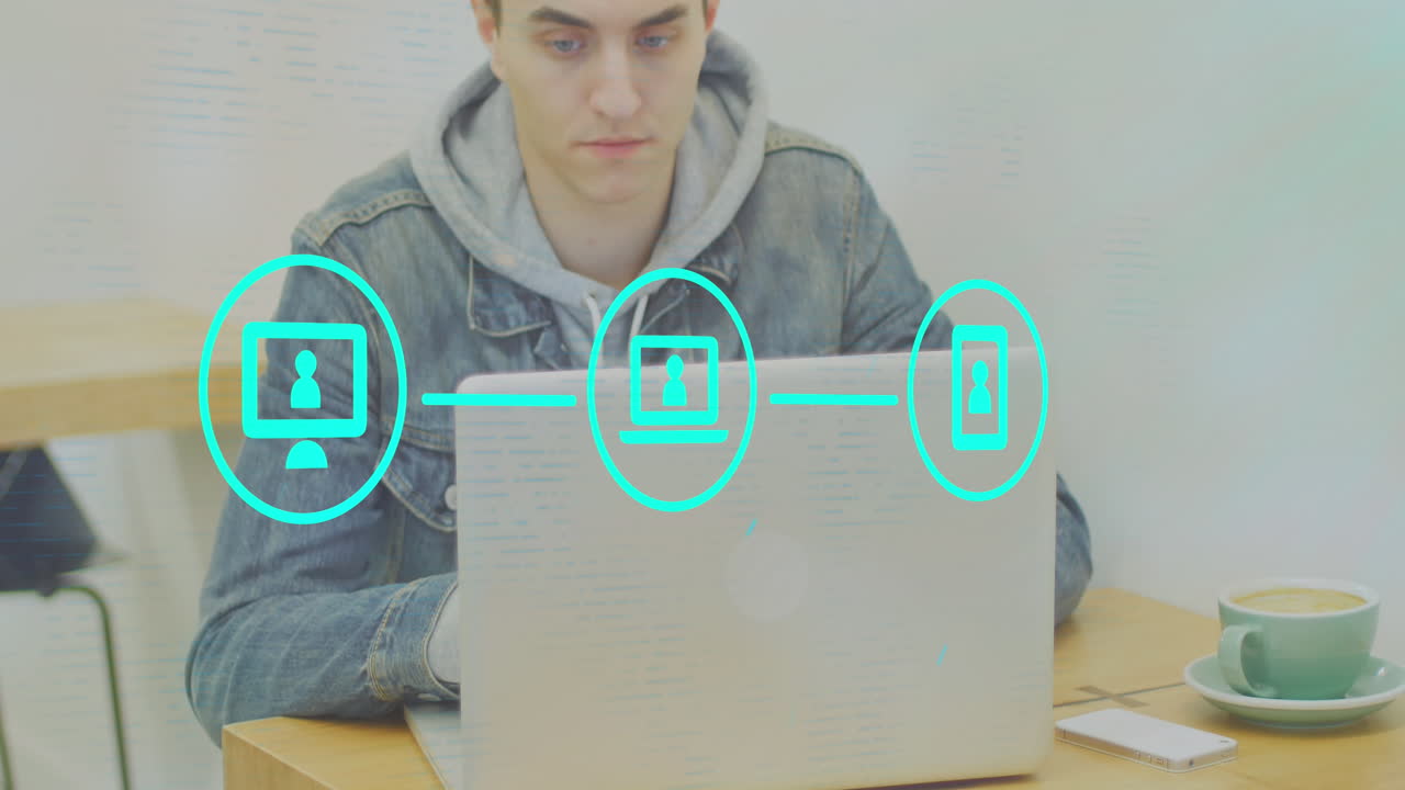 animación de iconos en círculos conectados con línea sobre empresario caucásico trabajando en portátil.
