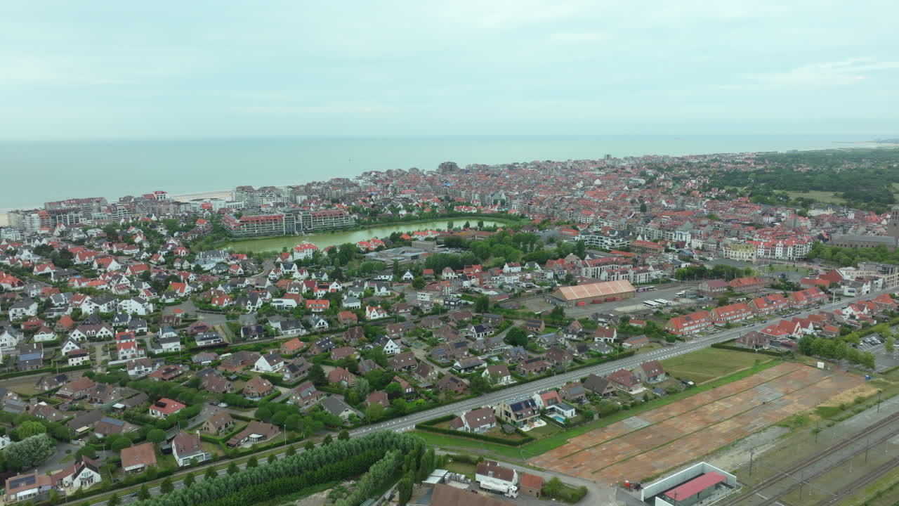 Aerial Establishing Knokke City Center at Belgian North Sea