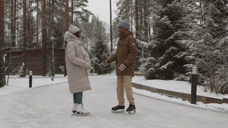 couple ice skating in a snowy park