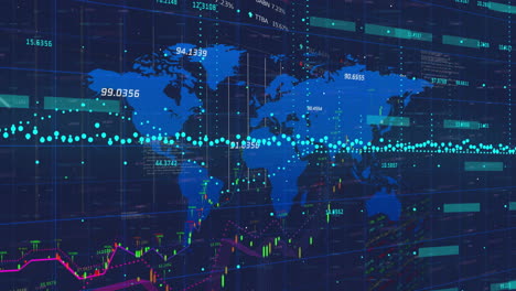 animation of data processing and diagrams over world map and stock market