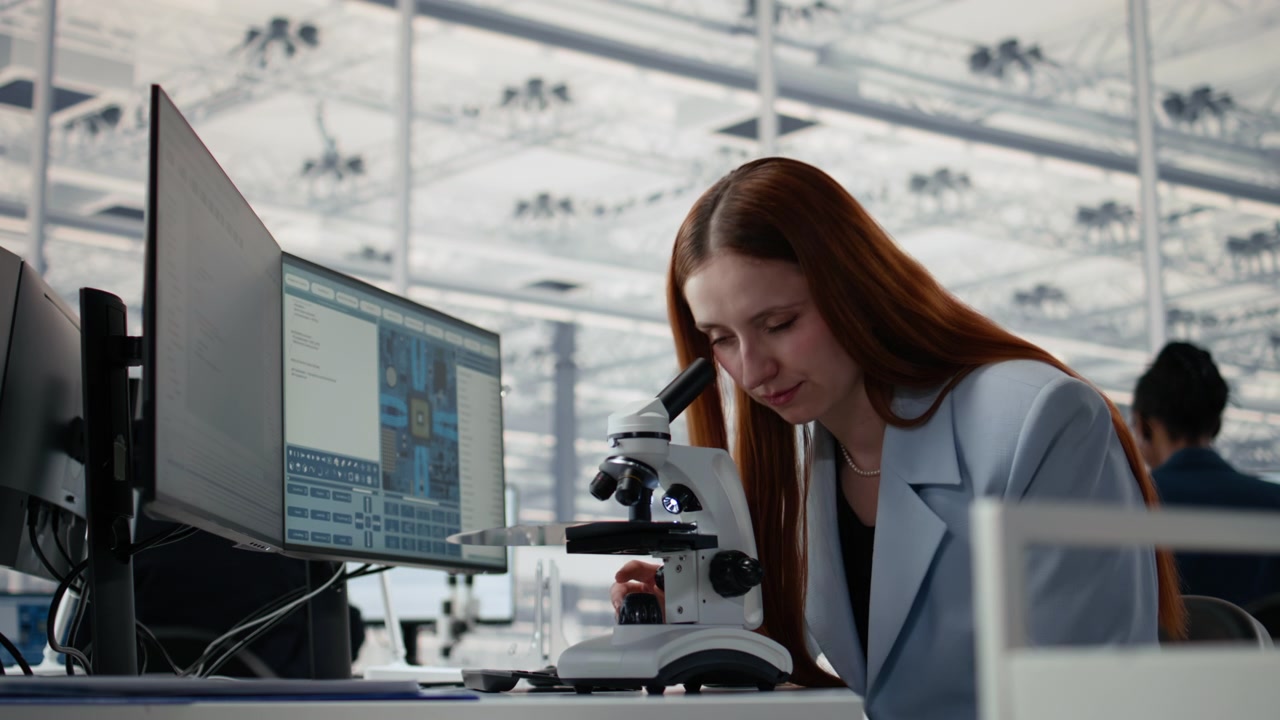 Studying microchip architecture, microscope and woman in office