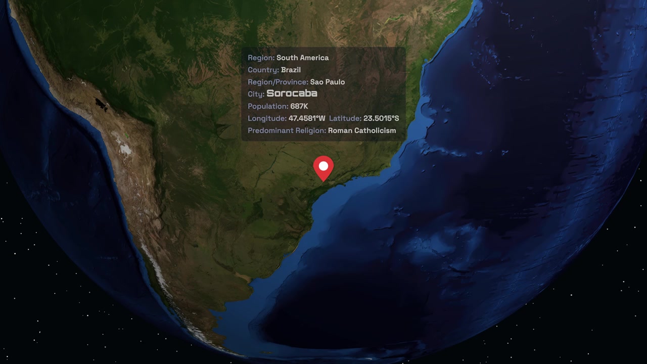 Digital globe rotates and zooms into South America, highlighting Sorocaba, Brazil with informational text
