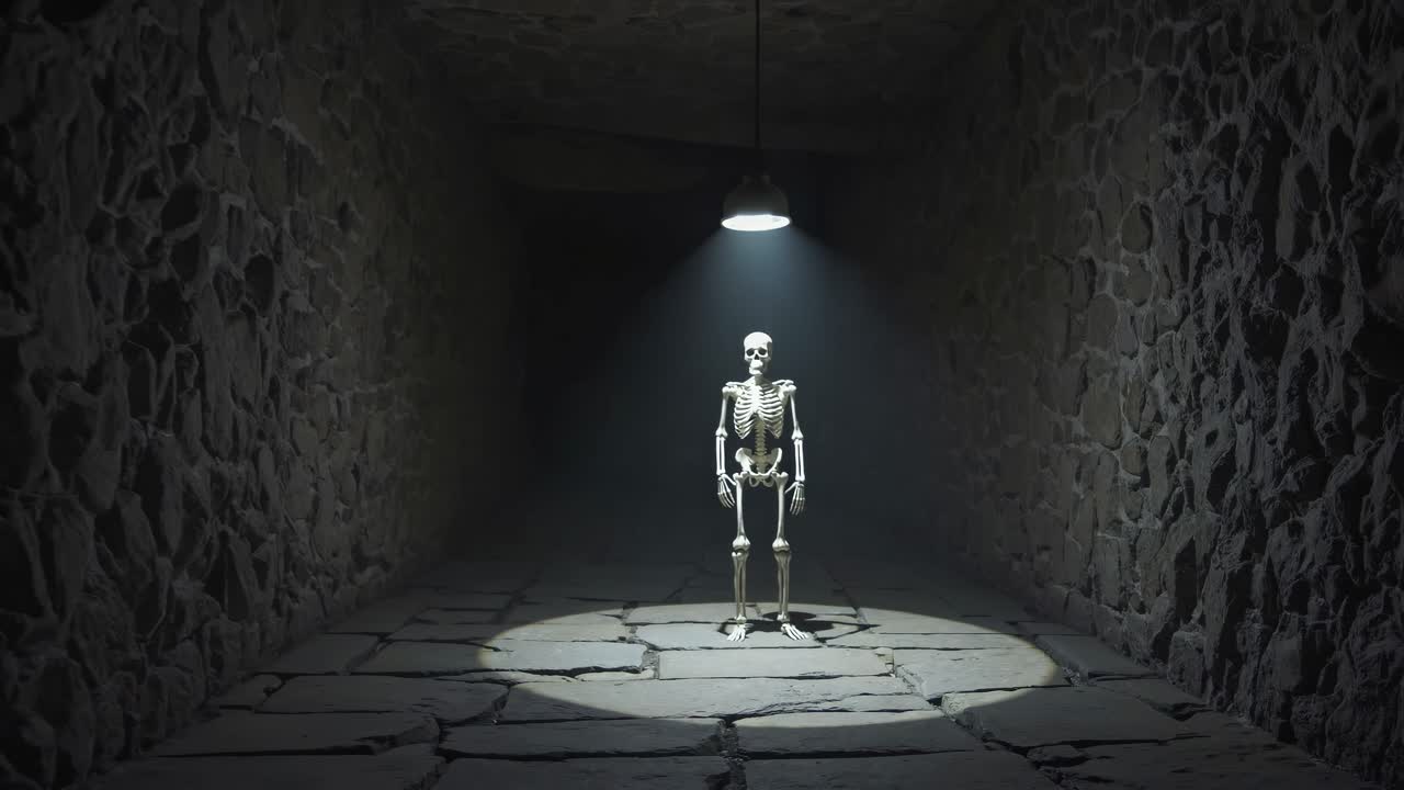 A low-angle video shot of a skeleton walking in a dimly lit stone room, creating a mysterious