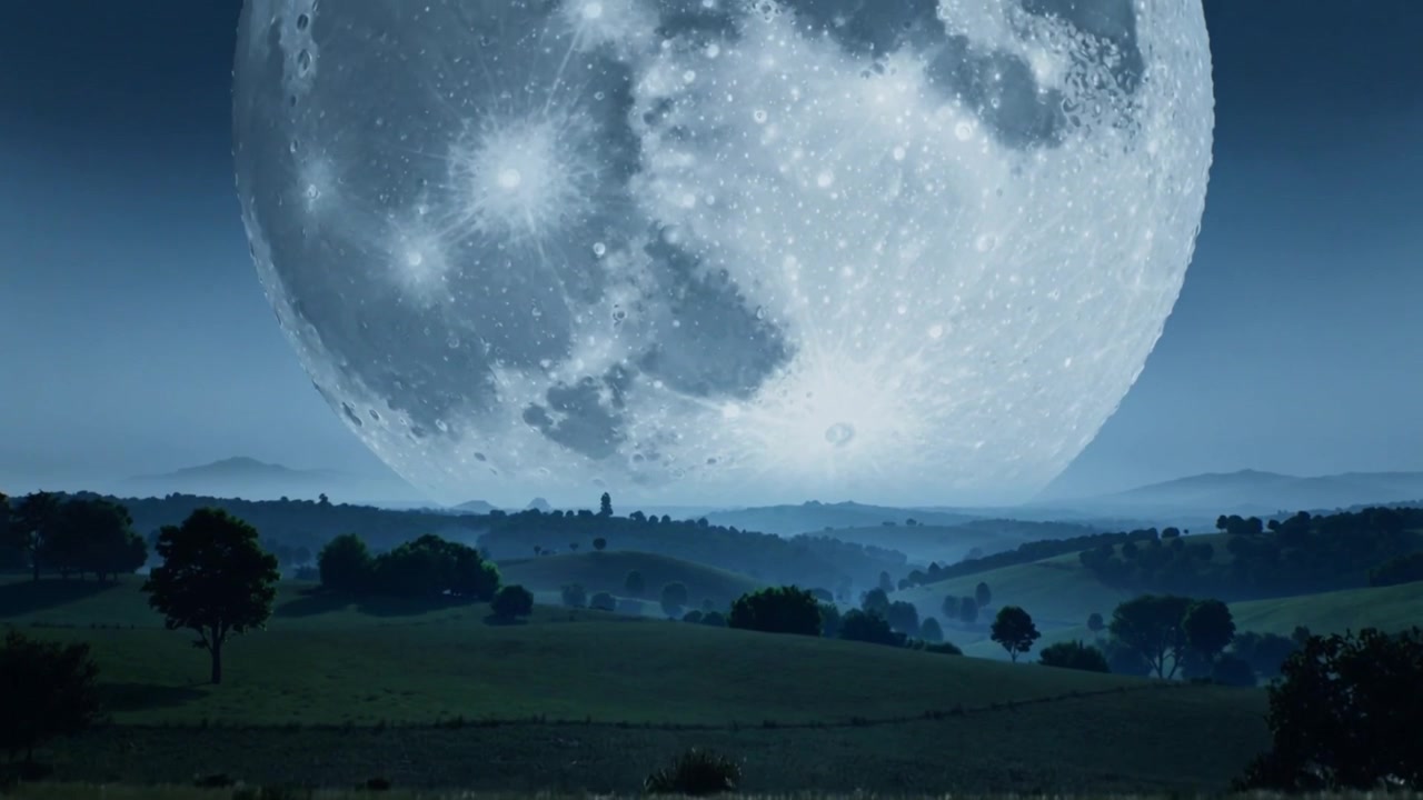 Bulan berkilau muncul bergerak menuju tengah di atas bukit pedesaan, memancarkan cahaya biru pada rumput dan menara.