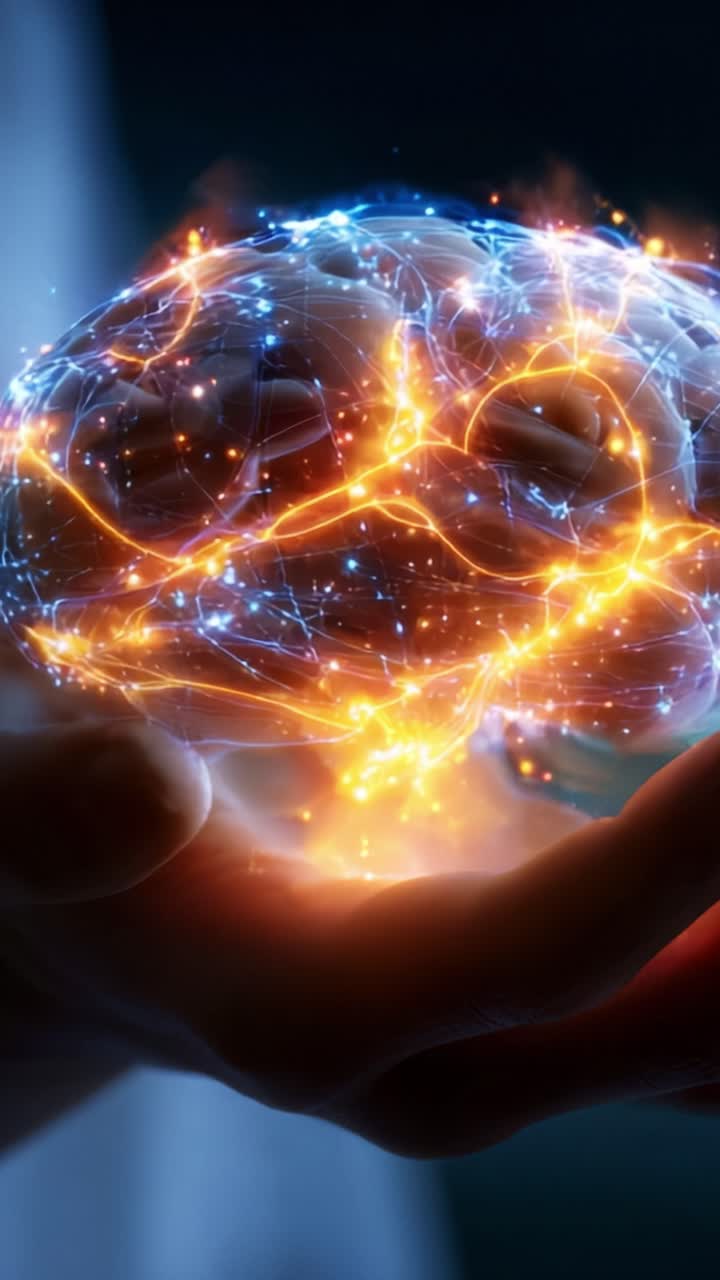 Un luminoso cervello digitale tenuto in mano, che simboleggia la creatività, l'intelligenza e la connessione tra la tecnologia e i processi di pensiero umani in un contesto futuristico