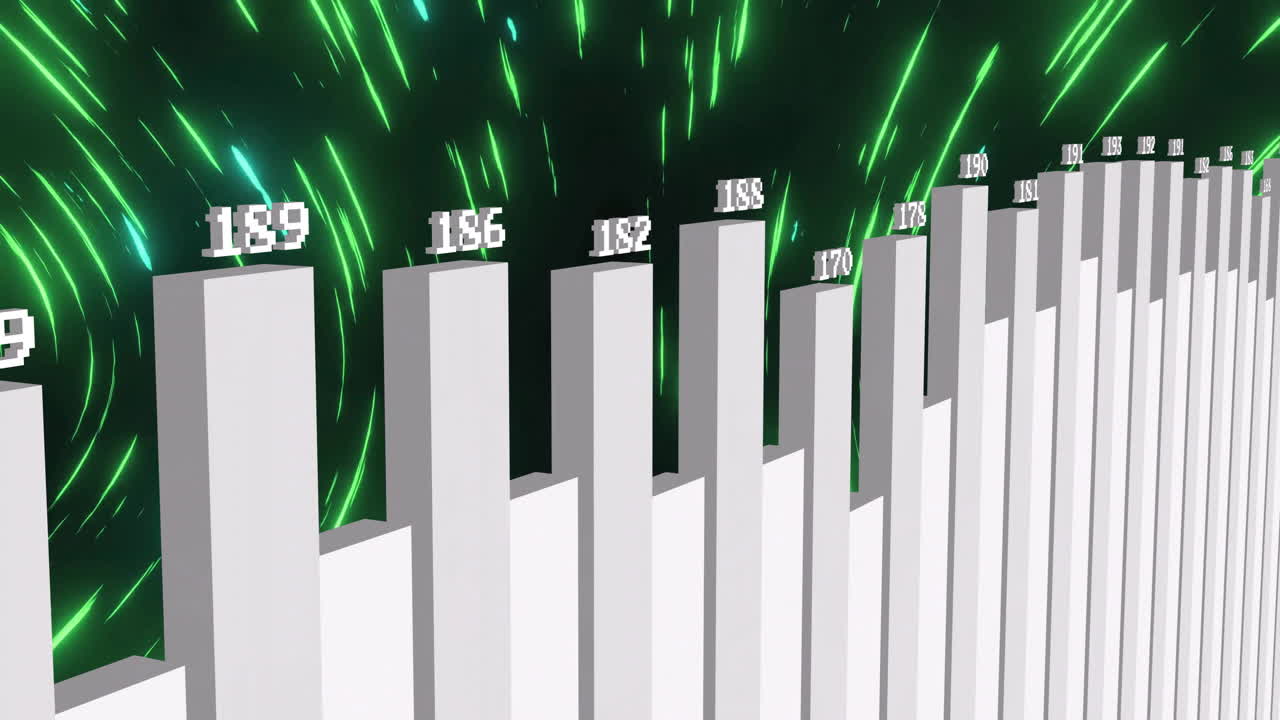 Rising bar graph with numbers over green abstract light streaks animation