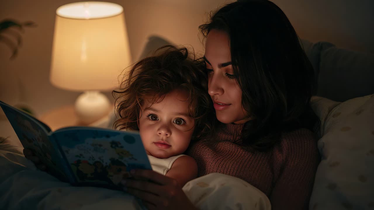 Mother and Child Reading a Book at Bedtime