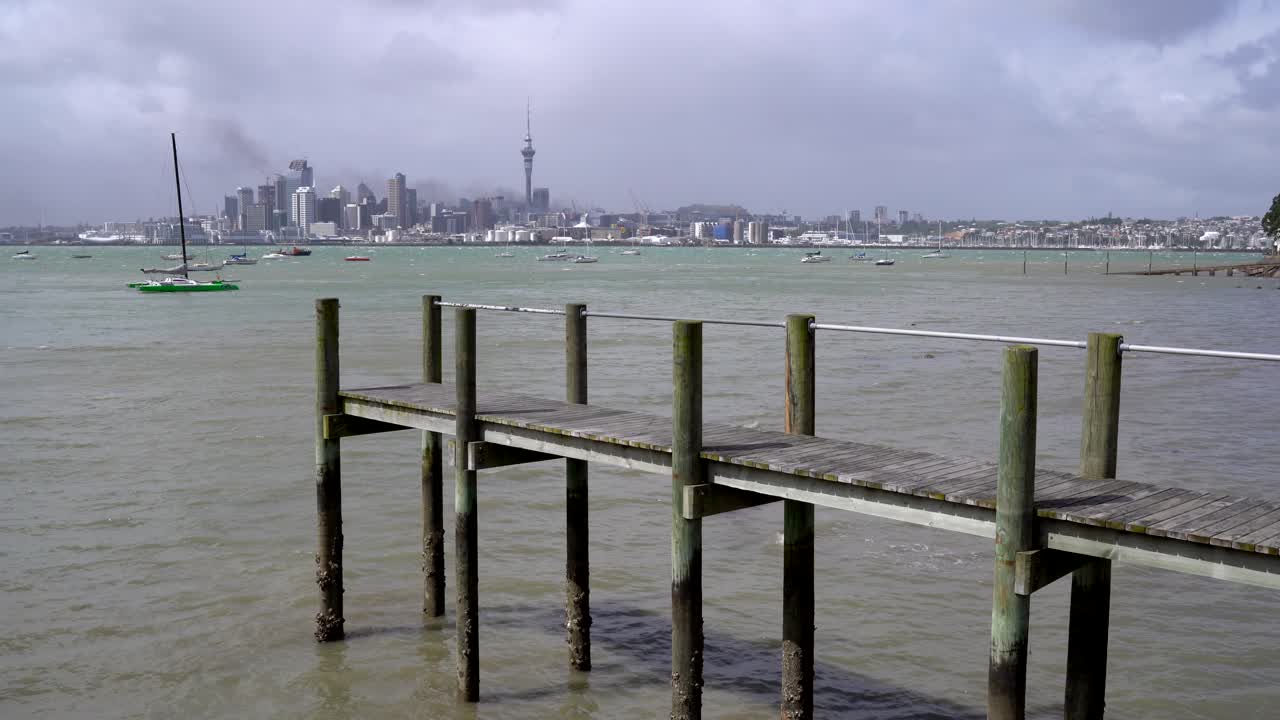 View from Sulphur Beach Reserve towards Auckland city and Sky Tower