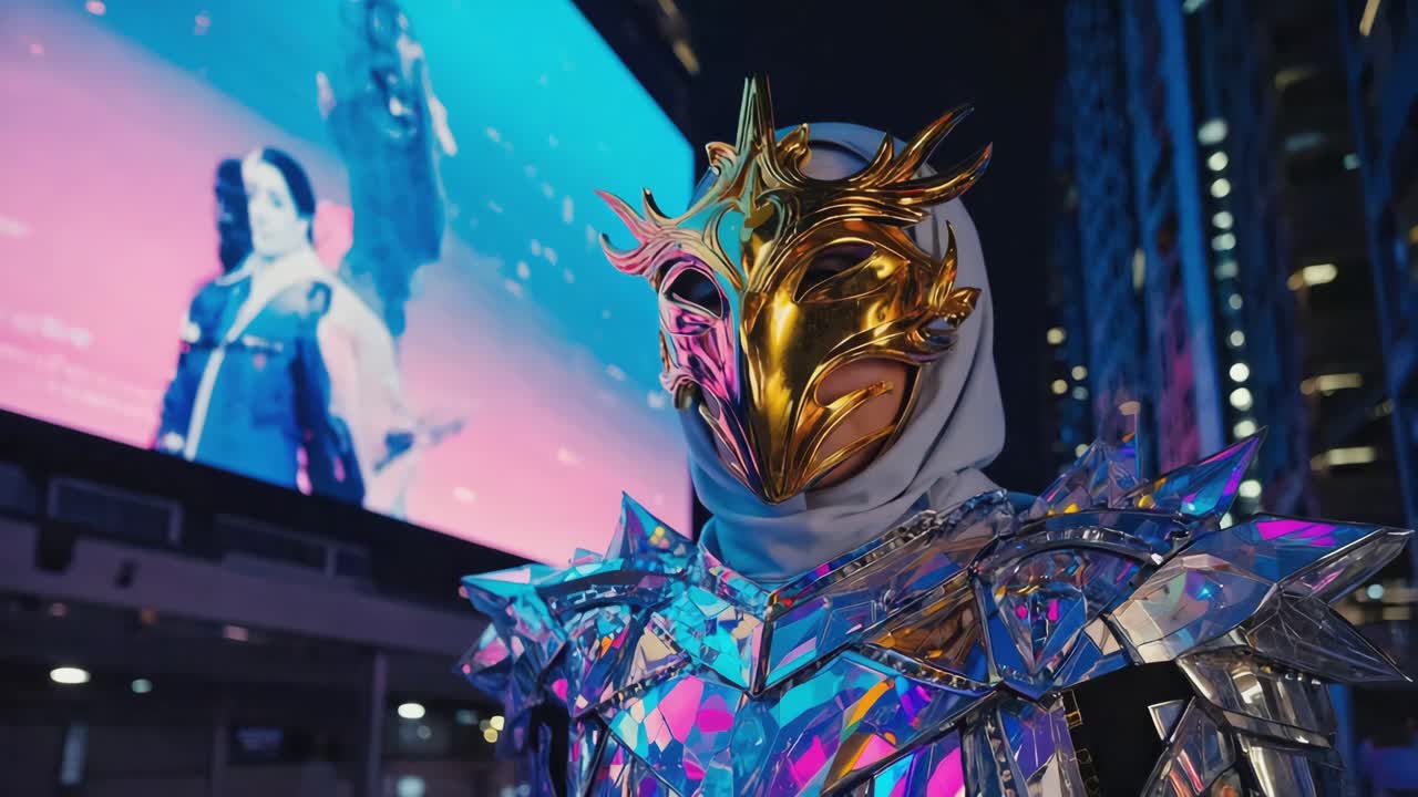 Futuristic Masked Figure in Urban Setting