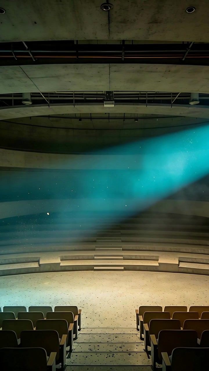 Vertical video: Casting teal beam from projector across stage in hall for presentation