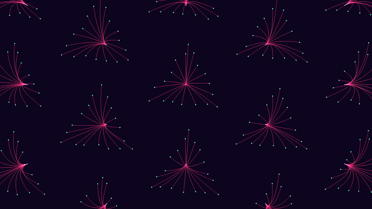 Illusion neon triangles pattern in rows with neon dots on dark gradient