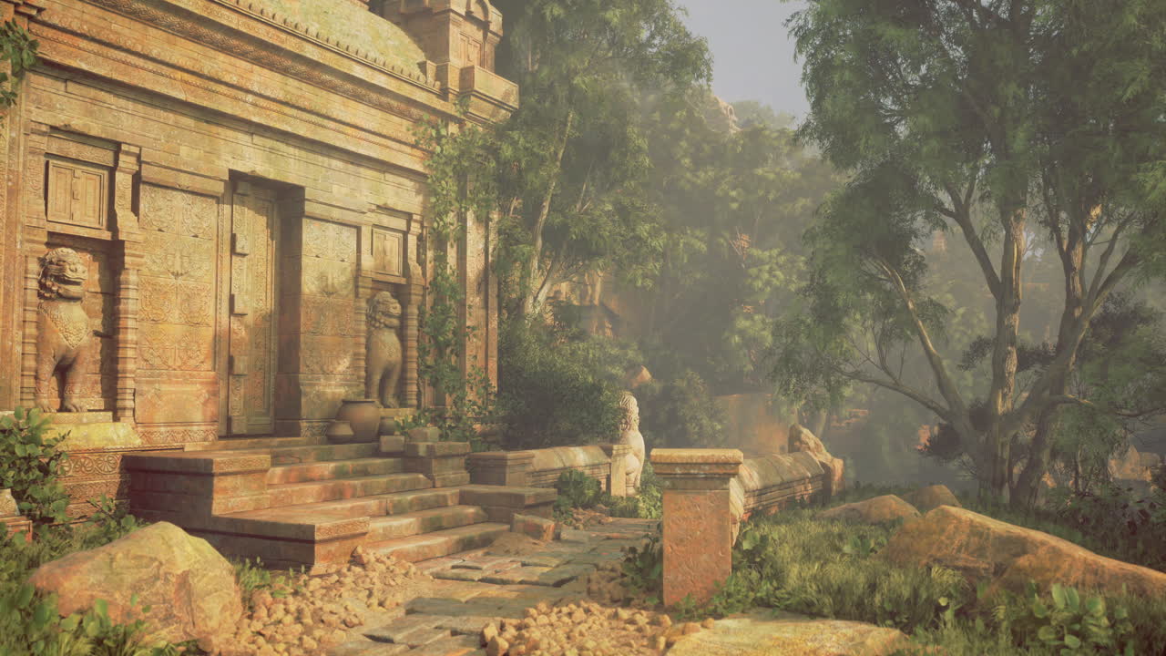 Ancient temple surrounded by lush greenery and rocky pathways in the afternoon