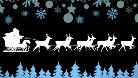 Animation-of-white-santa-sleigh-and-reindeer,-with-blue-tree-tops,-snowflakes,-stars-and-baubles