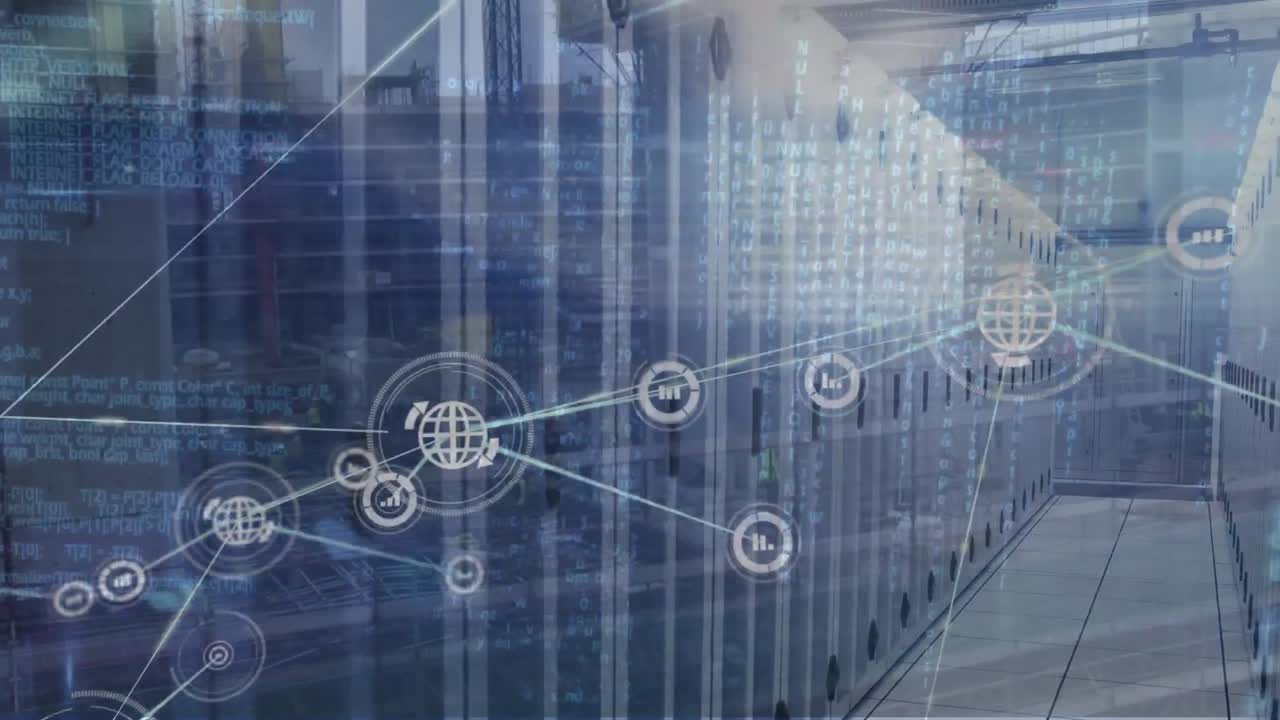 Animation of network of connections, binary coding and data processing over computer servers