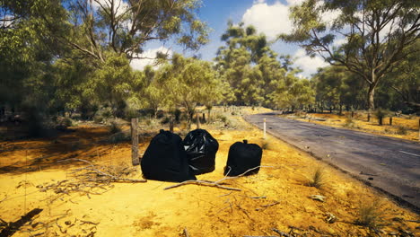 litter scattered near a rural road surrounded by greenery in daytime