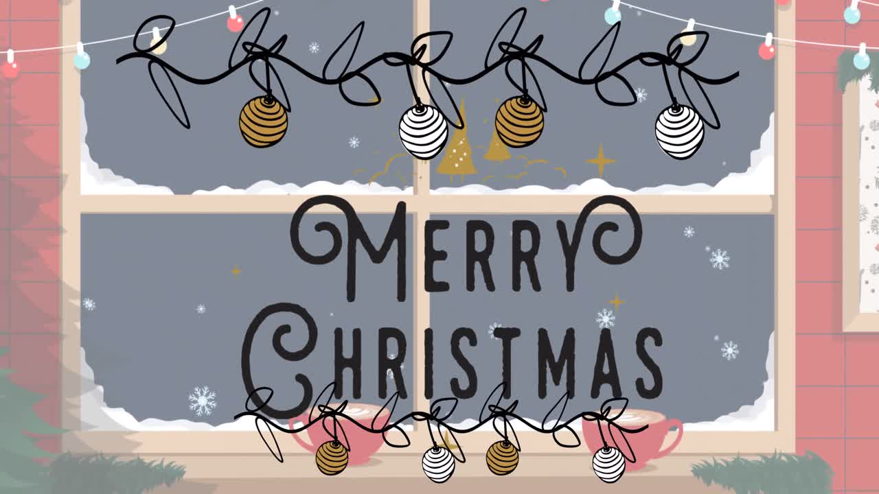 animación del texto de feliz navidad sobre las decoraciones navideñas y la ventana