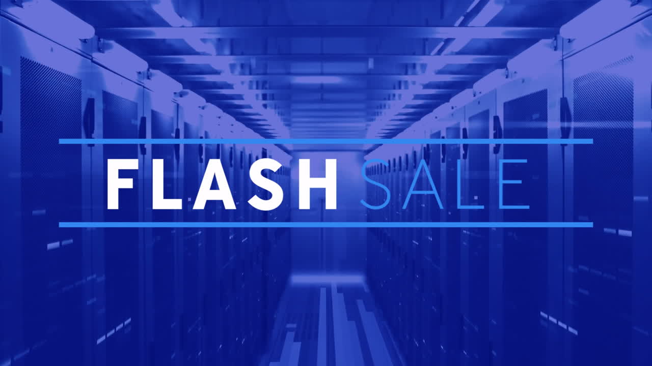 Flash sale animation in blue-toned server room with glowing lights