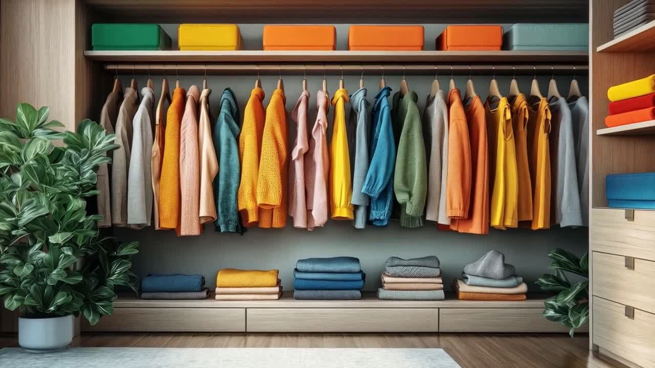 A neatly organized closet with colorful clothes and storage boxes