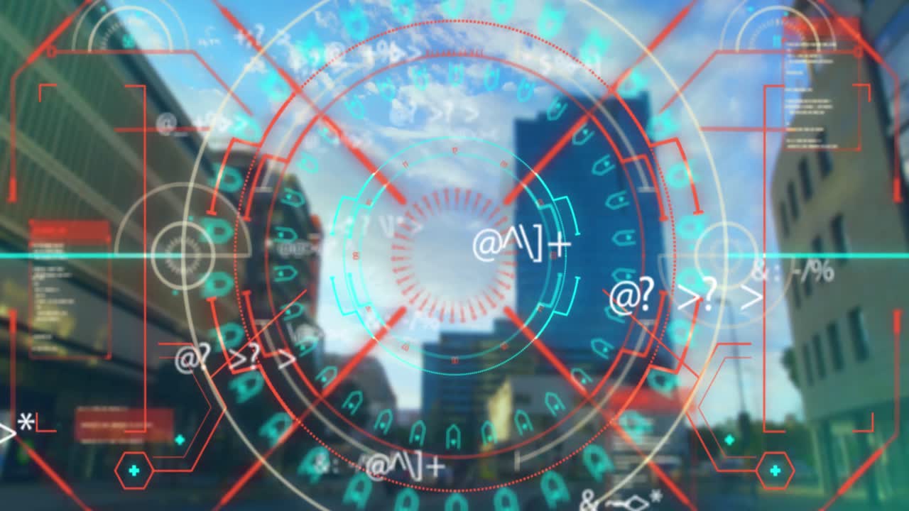 도시 풍경을 배경으로 한 범위 스캐닝과 데이터 처리의 애니메이션