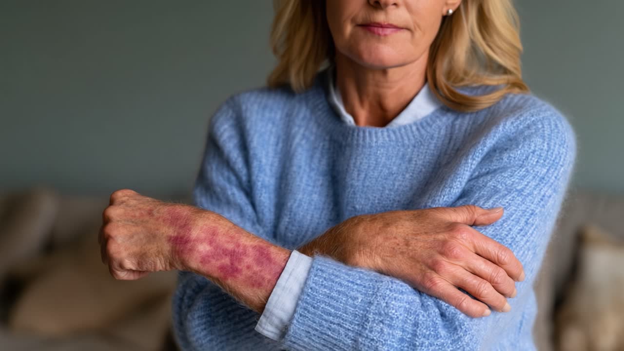 Uma Mulher de Meia-Idade com Condição Dermatológica Visível Demonstra Preocupação, Destacando o Impacto de Problemas Dermatológicos na Vida Diária e no Bem-Estar Emocional