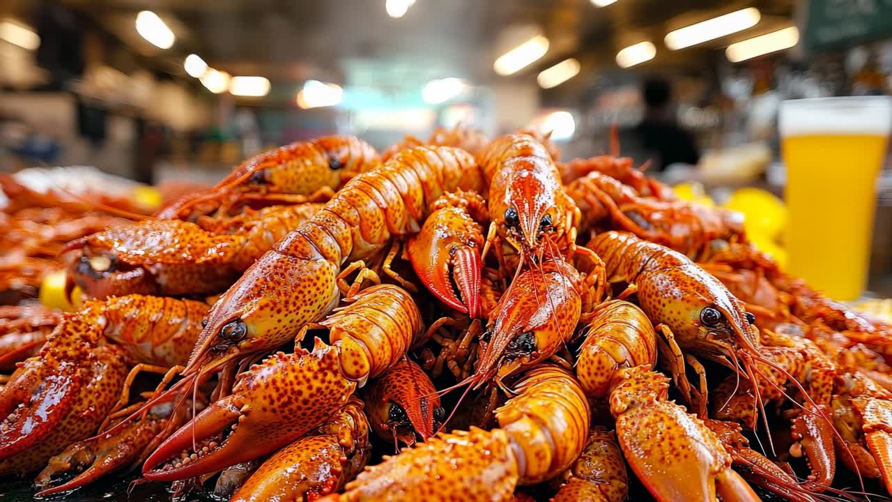 Crawfish at seafood market. Crawfish are piled high on a table at a seafood market in the afternoon. People are enjoying the food nearby