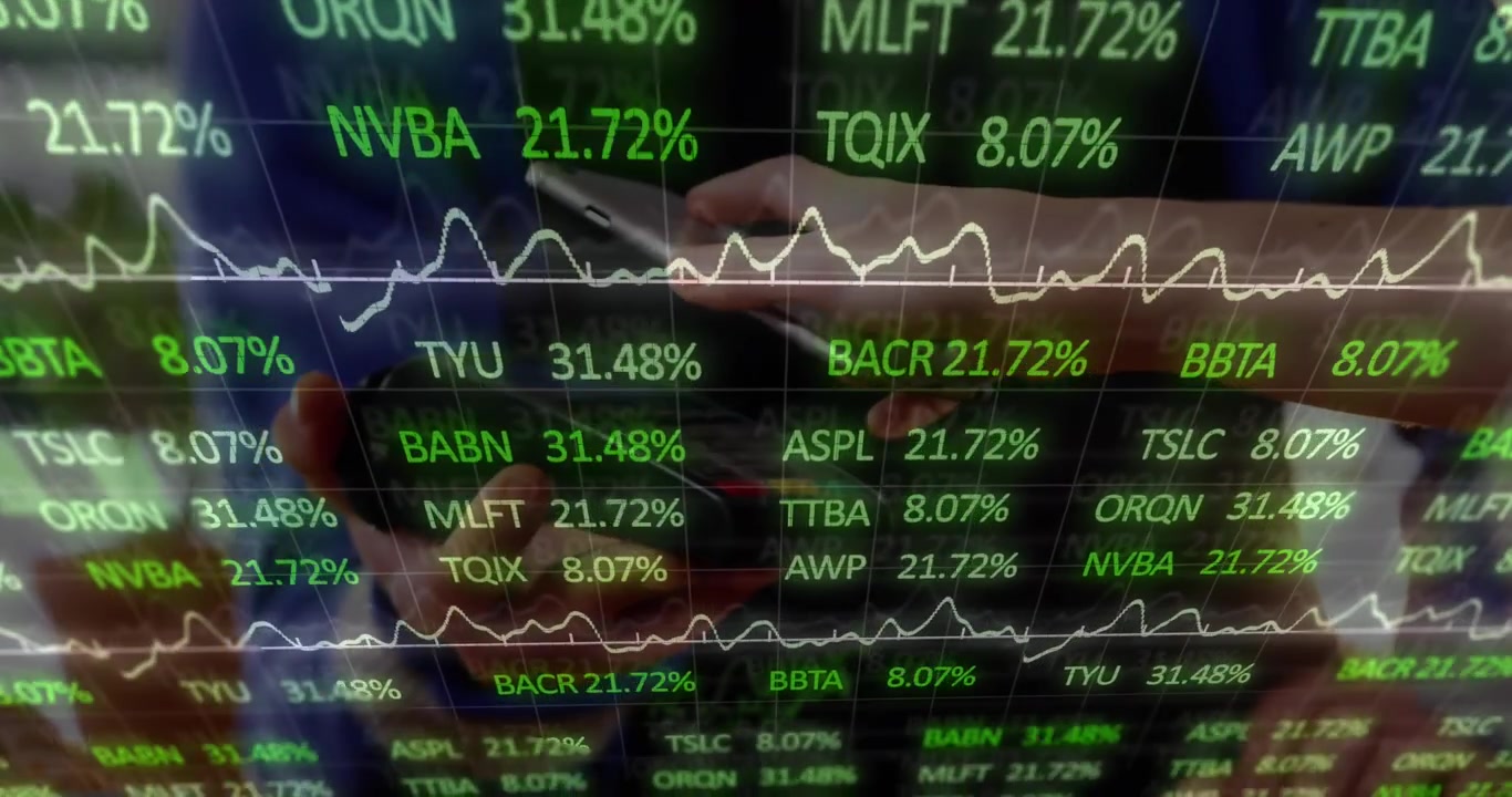 Animation of financial data over hands of people using payment terminal