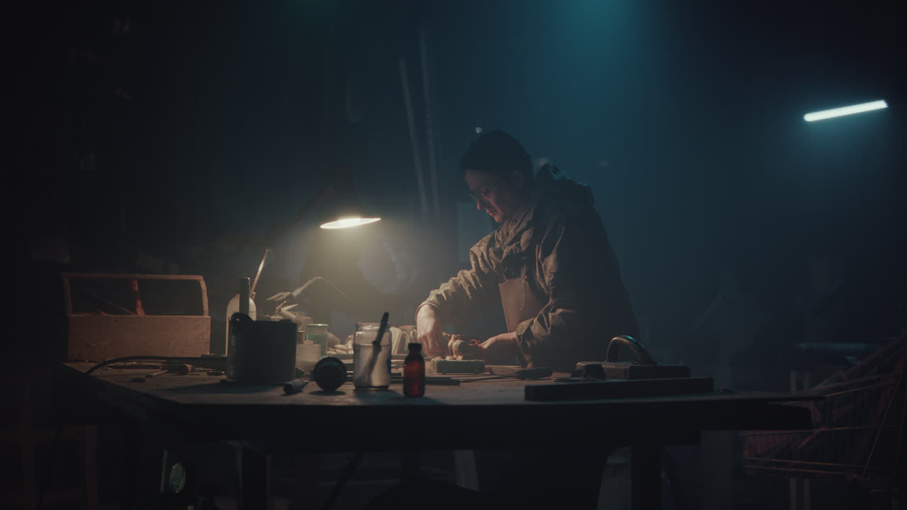A bombmaker assembles a bomb in his workshop at night