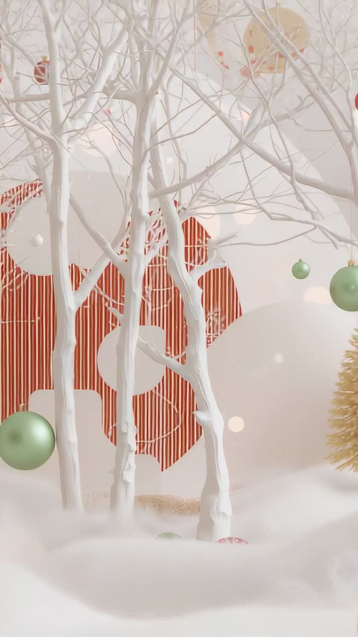 Vertical video: Panning camera showing white trunks in display, drifting red and green ornaments