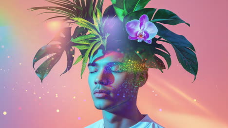 vibrant and surreal portrait of a man with plants growing from his head