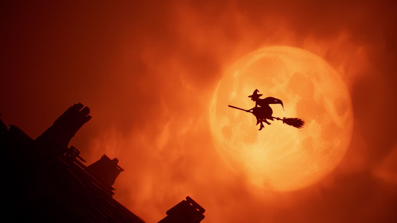A Mysterious Witch in Silhouette Soars Across a Fiery Red Sky, Capturing the Enchantment and Intrigue Associated with Halloween Night and Supernatural Lore