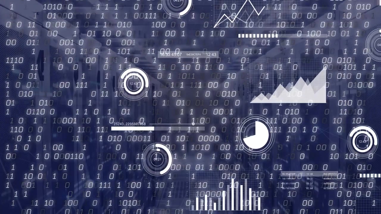 Binary streams appearing in aisle starting HUD elements displaying real-time metrics over racks