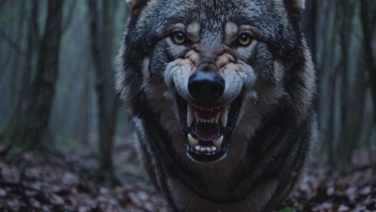 A close-up, low-angle video shot of a wolf in a misty forest, capturing its intense gaze